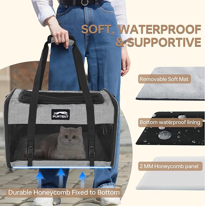 Furtent Soft Sided Two Cats Dog Carrier up to 25 lbs, Portable Mesh Pet Travel Bag for Medium Puppy Big Cats, Collapsible Puppy Crate Home Outdoor 20x13x13in, Grey