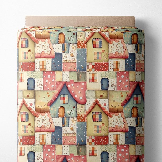 Cottage House Patchwork Cotton Fabric – Premium Turkish Printed Cotton 140 GSM, Pre-Cut 61 x 36.6 Inches, Quilting & Sewing Fabric for Crafts, Nursery Decor & DIY Projects