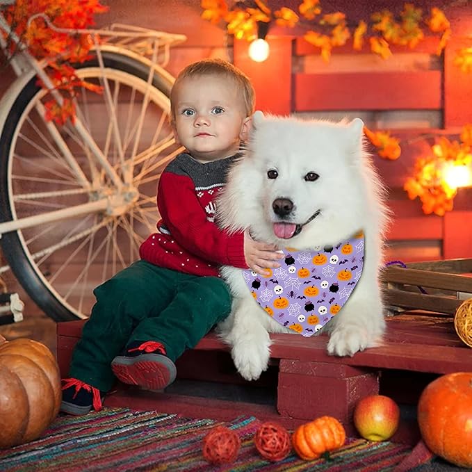 Halloween Dog Bandanas Reversible 2 Pack Small, Cute Pink Pumpkin Ghost Bat Skull Halloween Pet Bandanas Set Adjustable Triangle Holiday Scarves for Small Medium Boy Girl Dogs