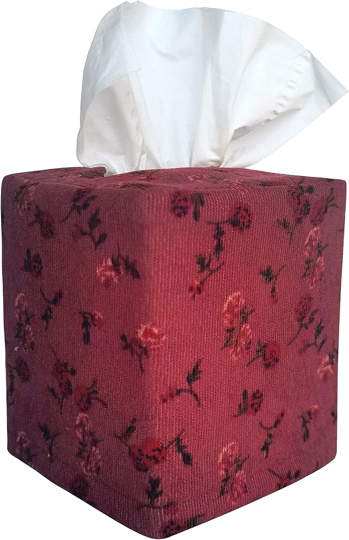 Fabric Tissue Box Cover Square, Vintage Floral Print Corduroy Tissue Holder, Bouquet Wrapping Bag 4.4"X4.4"X5.1", Burgundy