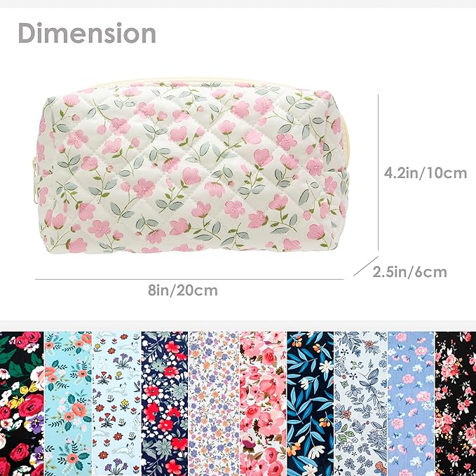 PAZIMIIK 6PCS Vintage Quilted Makeup Bag SET Cosmetic Pouch for Brushes Pencils and Travel Make Up Accessories for Women and Girls Flower White