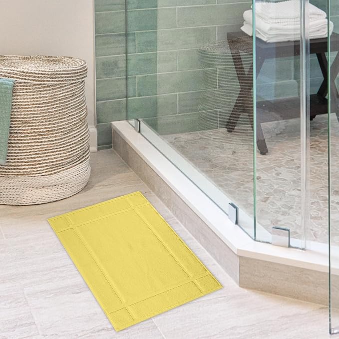 Ample Decor 100% Cotton Bath Mats 24 x 17 Inches, Quick Dry, 1350 GSM Banded Border Shower Bathroom Floor Mat, Not Bathroom Rug - Yellow, Pack of 6