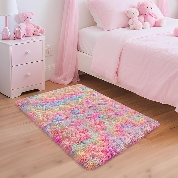2x3 Small Area Rug Unicorn Rainbow Rugs for Girls Bedroom Soft Fluffy Shag Fuzzy Pink Carpet Princess Rug for Girls Kids Toddler Room Nursery Home Decor Throw Rugs Indoor Inside Front Mat