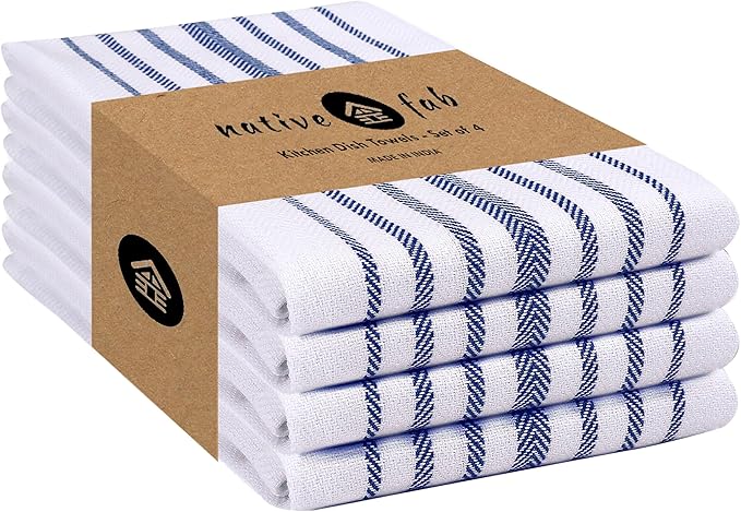Native Fab Kitchen Dish Towels 16"x26" Set of 4 Herringbone Weave - Scandia Stripe 100% Cotton Tea Towels, Dishcloths, Washable Absorbent Hand Towels with Hanging Loop - Blue White