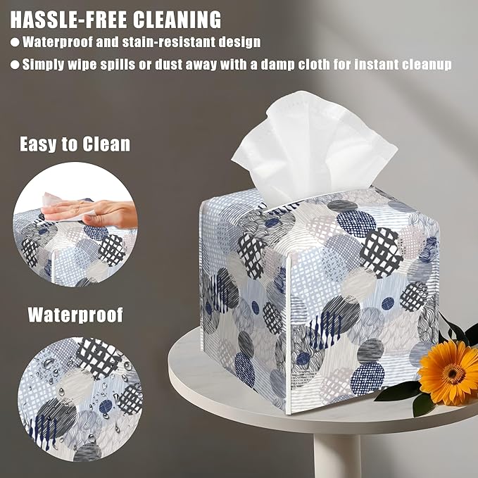 BLYKVGHQ Abstract Lines Tissue Box Cover Square, Geometric Tissue Box Holder with Bottom Belt Leather Facial Paper Organizer Dispenser for Bathroom Bedroom Dresser Night Stand Tabletop