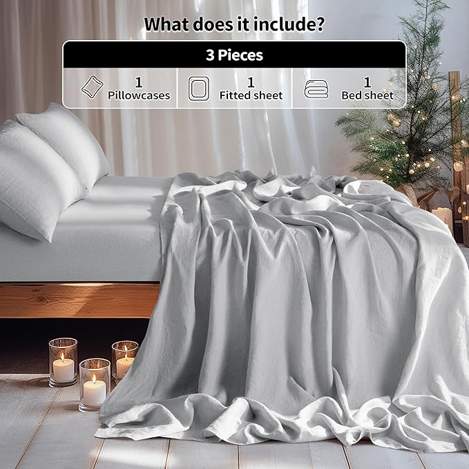 LBRO2M 100% Linen Sheet Set Twin Size,Bed Sheets 3 Piece Sets,Solid Color Natural Flax Bed Sheets Soft Breathable Bedding,16" Deep Pocket,All Season (Twin, Grey)