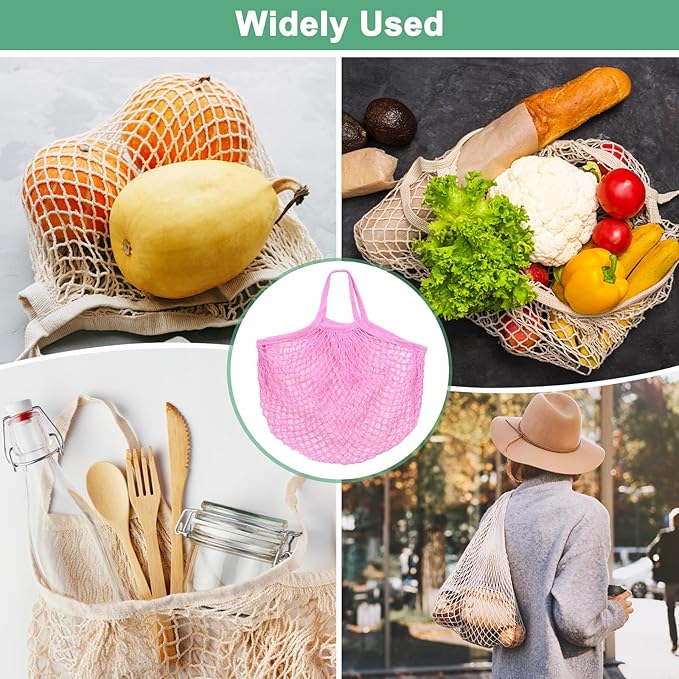 M METERXITY 1-Pack Cotton Mesh Bag, Reusable Washable Mesh Net String Grocery Bags, Reusable Produce Bags with Handle, Net Tote Bag for Fruits/Vegetables Shopping [Pink, Short Handle]