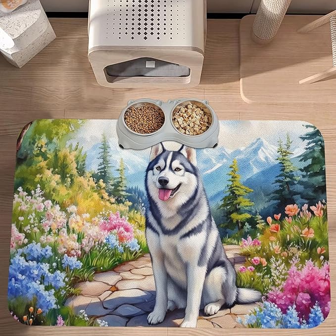 Husky Dog Food Mat for Floors Waterproof,Quick Dry Anti-Slip Dog Bowl Mats for Food and Water,Pet Feeding Mats,Pet Placemat for Messy Drinkers to Protect Floors,Pets Supplies 23.62×15.75in