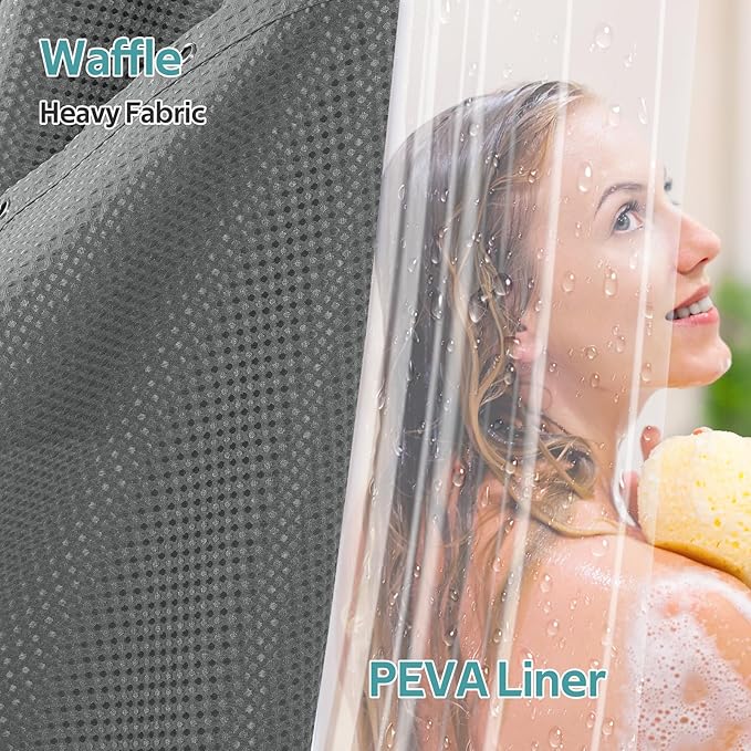 Vipfree 3 in 1 Shower Curtain Set, Waffle Shower Curtain and Liner Set with 6 Double Sided Shower Curtain Hooks, 258GSM Luxury Weighted Cloth Shower Curtains for Bathroom, 36 W x 72 H, Grey