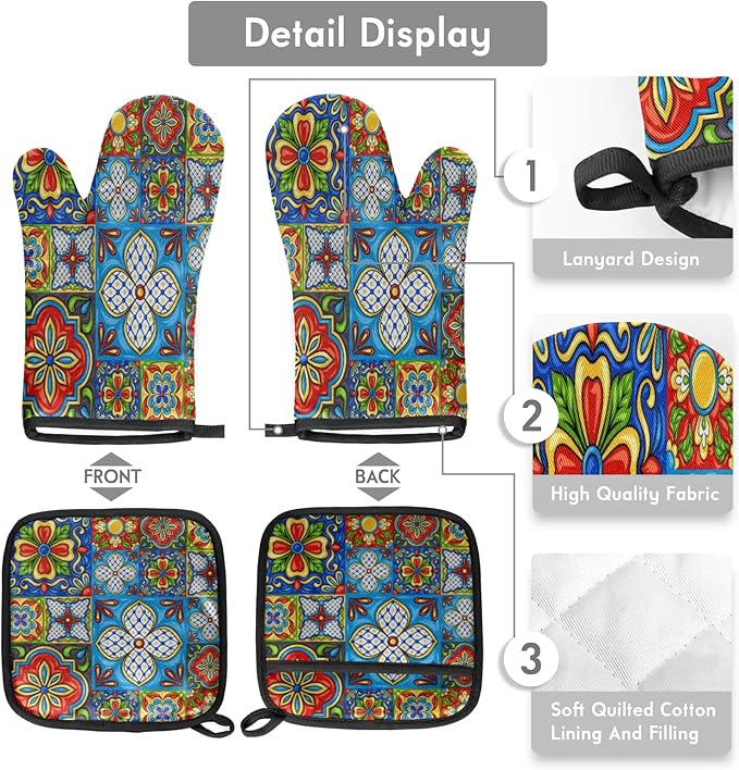Oven Mitts and Pot Holders Sets of 2,Mexican Talavera Flower Heat Resistant Kitchen Oven Gloves Potholder for Baking Grilling BBQ Cooking