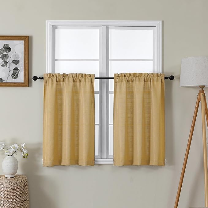 Lecloud Bessie Gold Kitchen Curtains 30 Inch Length 2 Pcs, Light Filtering Cafe Short Curtain Tiers, Dual Rod Pocket Window Treatments for Bedroom Basement Bathroom, Each 30 W x 30 L