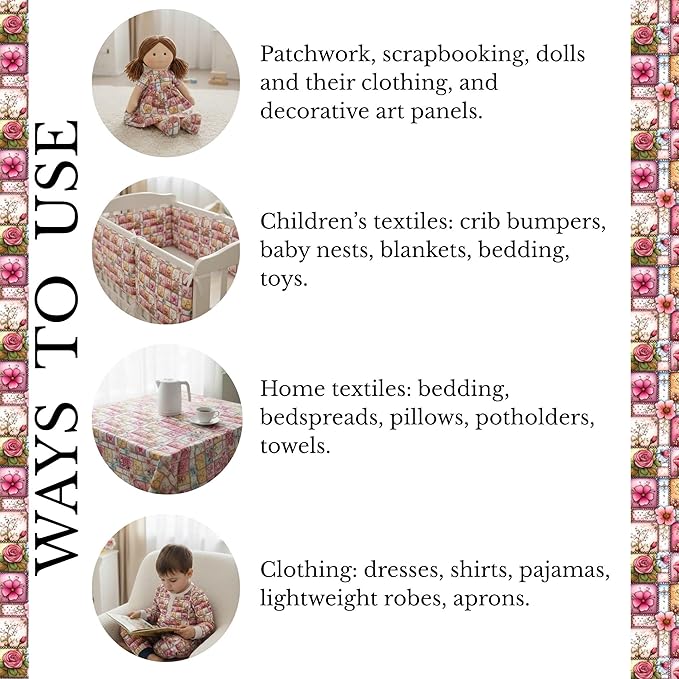 Soft Rose Garden Patchwork Cotton Fabric Panel 61 x 36.6 Inches, Floral Vintage Quilt Pattern, Pink Pastel Tones, 100% Cotton 140 GSM
