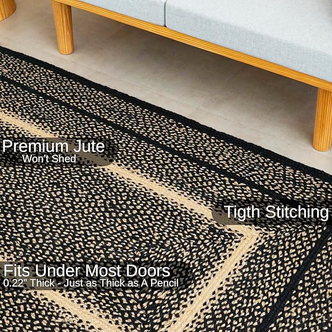 Traditional Jute Braided Runner Rug, Rustic Primitive Country Décor for Kitchen, Entryway, Hallway, Desert Black, 2'X8'