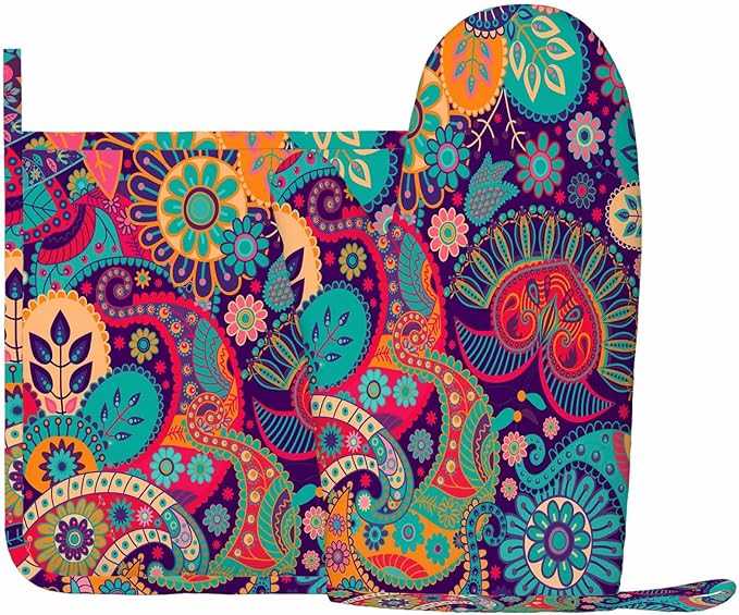 Mxocom Colorful Flowers Silicone Oven Mitts and Pot Holders Sets Exotic Curly Ethnic Fantastic Floral Colorful Artistic BBQ Gloves for Kitchen,Cooking,Baking,Grilling