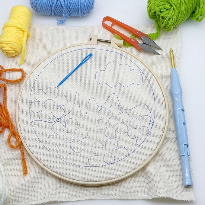 Woohome Punch Needle Kit Included Plastic Hoops, Punch Needle Cloth, Color Yarn and Punch Needle Tools for Adults, Beginners (Rainbow and Flowers)