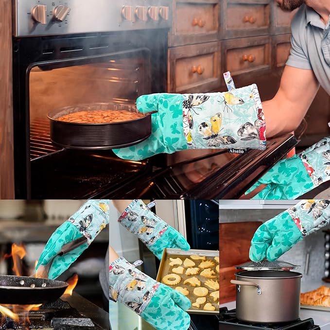 Oven Mitts, Heat Resistant with Soft Quilted Cotton Lining Set of 2, Fashion Design with Silicone Printing Anti-Slip Kitchen Gloves, Safe Backing Cooking Barbecue (Turquoise, Butterfly)