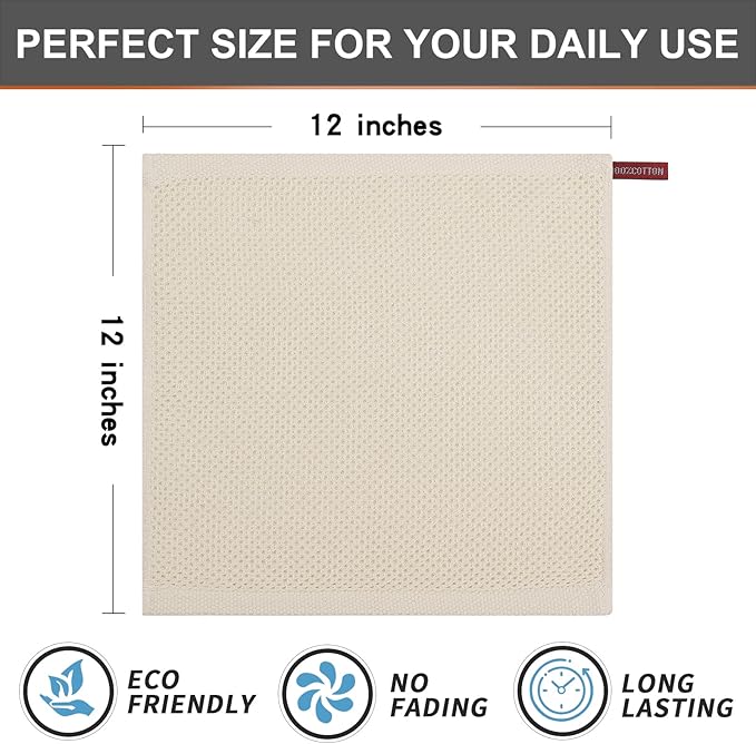 Kitinjoy 100% Cotton Kitchen Dish Cloths, 6-Pack Waffle Weave Dish Towels for Drying Dishes Super Soft Absorbent Quick Drying Dish Rags, 12 X 12 Inches, Beige