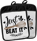 Funny Pot Holders with Pockets, Just Beat It Funny Baking Gifts Pot Holders Heat Resistant Oven Mitts Hot Pads for Kitchen Baking Cooking, Gifts for Baker,Potholders for Kitchens