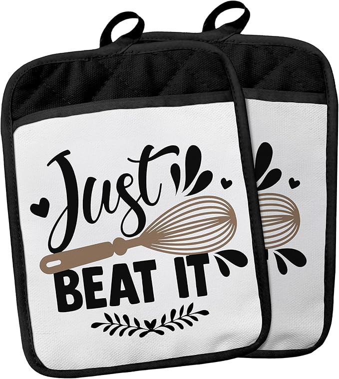 Funny Pot Holders with Pockets, Just Beat It Funny Baking Gifts Pot Holders Heat Resistant Oven Mitts Hot Pads for Kitchen Baking Cooking, Gifts for Baker,Potholders for Kitchens
