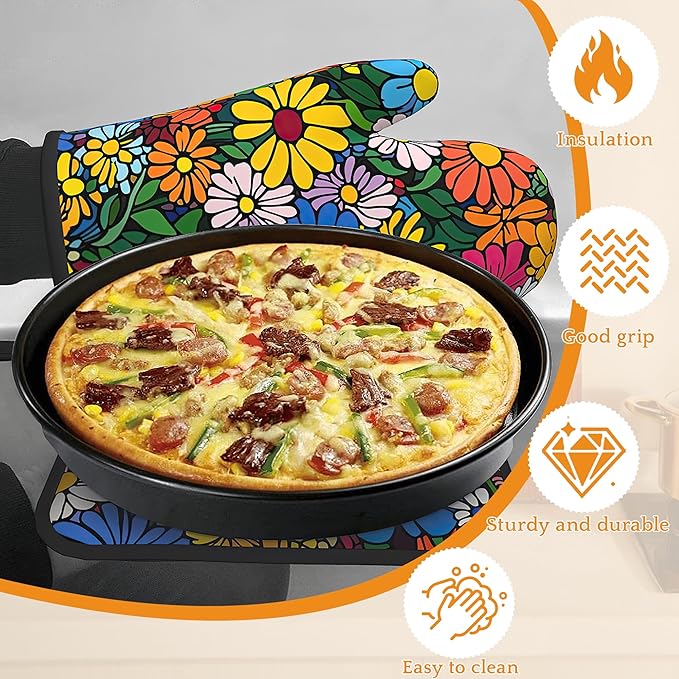 Abstract Hippie Flower Oven Mitts and Pot Holders,Heat Resistant Oven Mitts Gloves and Pot Holder for Home Kitchen Decorations Cooking Baking BBQ Gifts,Set of 4