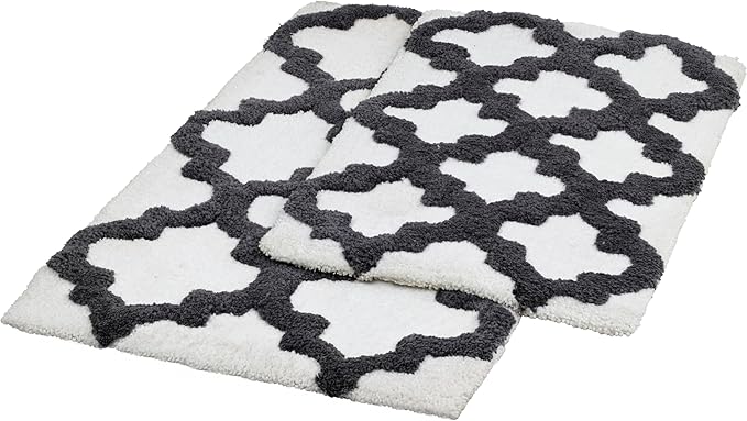 C23 Luxury Trellis Bath Rug Set of 2 (White & Grey) 20"x32" & 16"x24" | 2200 GSM Ultra-Thick High-Density Plush | Decorative Non-Slip Bathroom Mats | Hotel Quality, Machine Washable