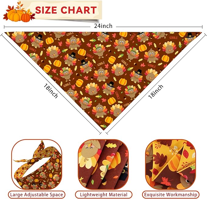 Fall Thanksgiving Dog Bandana Reversible 2 Pack Small, Pumpkin Turkey Leaves Fox Cute Thanksgiving Pet Bandanas for Dogs Adjustable Triangle Holiday Scarves for Small Medium Boy Girl Dogs