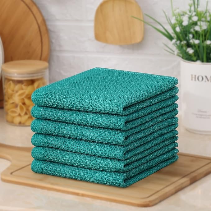 Kitinjoy 100% Cotton Kitchen Dish Cloths, 12 Pack Waffle Weave Ultra Soft Absorbent Dish Towels for Drying Dishes Quick Drying Kitchen Towels Dish Rags, 12 X 12 Inches, Teal