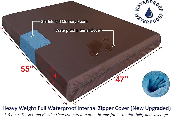 Dogbed4less Jumbo Orthopedic Memory Foam Dog Bed for Large Dogs, Washable Durable Cover, Waterproof Liner and Extra Pet Bed Case, 55"X47"X4", Brown