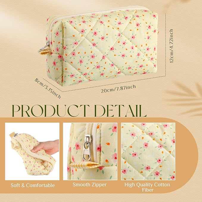 Paterr 10 Pcs Quilted Makeup Bag Bulk Cotton Floral Cosmetic Bag Women Girls Bridesmaid Gifts Cute Makeup Pouch Coquette Aesthetic Travel Toiletry Organizer(Classic Style,7.87 x 4.72 x 3.15 Inches)
