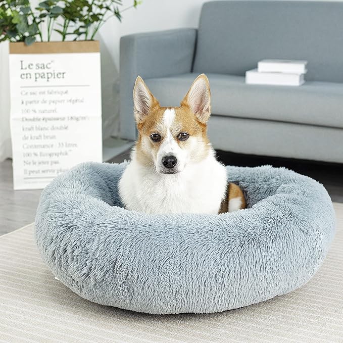 Raimaiso Anti Anxiety Round Fluffy Plush Faux Fur Warm Washable Dog Bed & Cat Bed, Original Bed for Small Medium Large Pets,Used to Relieve Joints and Improve Sleep（20"/24"/27''） (27", Light Grey)