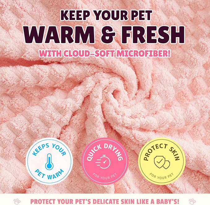SOONTAN Microfiber Dog Towel Set for Drying Dogs – Absorbent, Quick-Dry, and Soft Towels for Bathing and Grooming Dogs and Cats, Including 2 Different Sized – Cloud Pet Towels (Pink)