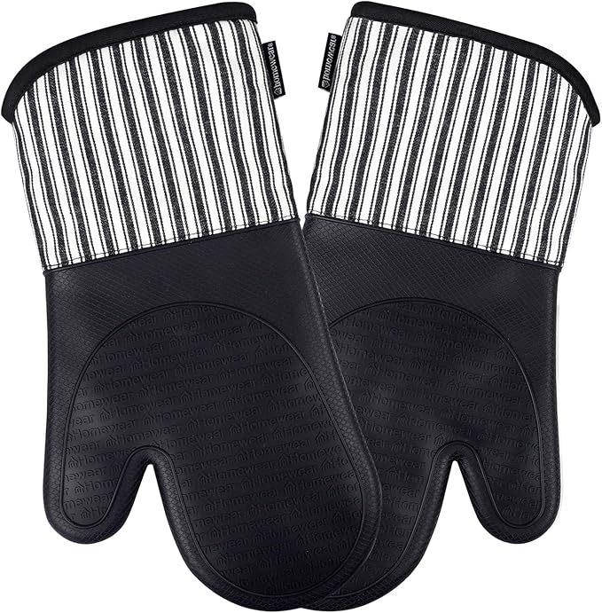 Homewear Marlow Silicone Extra Long Oven Mitt 2 Piece Set, Heat and Slip Resistant, Recycled Cotton with Soft Lining, Thick Kitchen Gloves for Cooking, Black