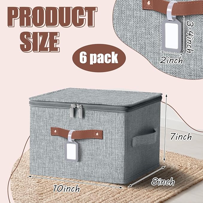 Fiwochic 6 Pack Fabric Storage Bins with Lids and Label, 10×8×7Inch Foldable Cotton Linen Cute Storage Boxes with PU Leather Handles for Closet, Bedroom, Shelf, Nursery, Gray