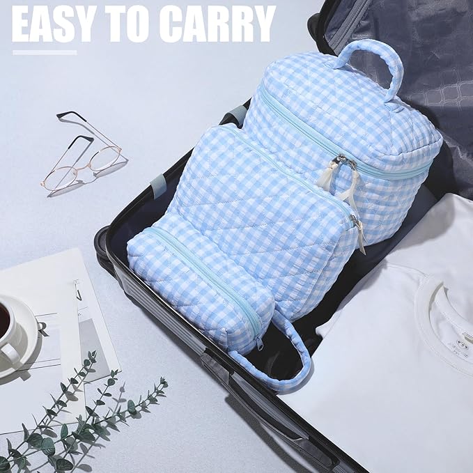Paterr Makeup Bag Set 3 Pcs Large Quilted Cotton Make up Bags for Women Cosmetic Travel Toiletry Organizer Pouch Cute Aesthetic Storage Purse(Blue,White and Blue Plaid)