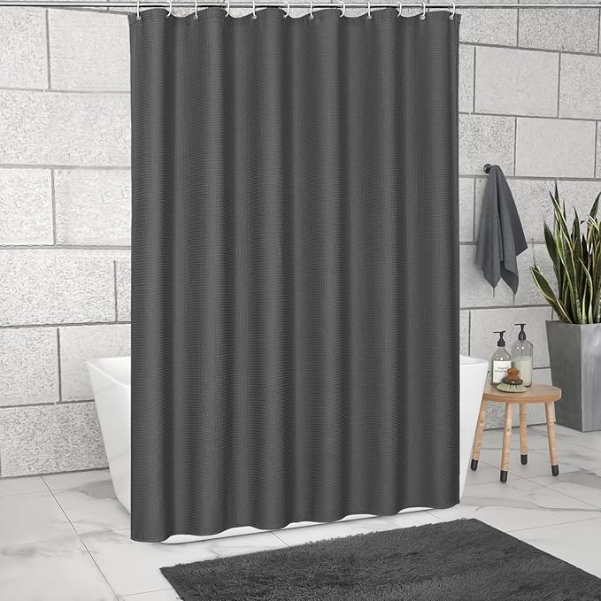 MitoVilla Grey Waffle Small Stall Shower Curtain 36 x 72, Half Size Fabric Narrow Shower Curtains for Bathroom Decor, 36 inch Weighted Shower Curtain Set with Plastic Hooks, Charcoal Grey