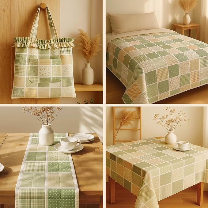 Cotton Satin Patchwork Fabric Panel – 35 Designs, 20×20 cm Squares, Single Piece 150×110 cm, Sage Green & Beige Patchwork Quilt Fabric (Meadow Breeze Patchwork Set, 35pcs 8x8 inch)