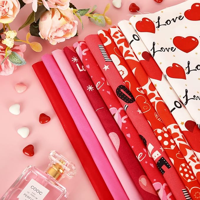 Whaline 20Pcs Valentine's Day Cotton Fabric Bundles Rose Red Pink Heart Love Printed Fat Quarters Quilting Patchwork 9.8 x 9.8Inch Squares Sewing Fabrics for DIY Handmade Crafting Home Party Decor