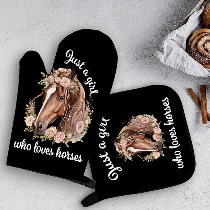 OHSUL Black Horse Oven Mitts and Pot Holders Sets, Horse Lover Gifts for Women Girls, Just a Girl Who Loves Horses Heat Resistant Oven Gloves Hot Pads for Kitchen Cooking Baking Grilling