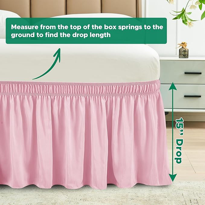 Biscaynebay Wrap Around Bed Skirts for Full & Full XL Beds 15" Drop, Pink Adjustable Elastic Dust Ruffles Easy Fit Wrinkle & Fade Resistant Silky Luxurious Fabric Machine Washable