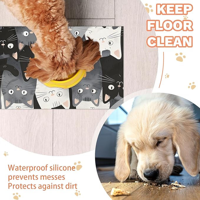 Eizlang Dog Cat Food Mat,12"x20" Inches Rapid Absorbent Pet Feeding Mat,Pets Placemat Water Bowl Mats with Rubber Backing,No Stains Cat Dog Feeding Mats Indoor,Pet Accessories Supplies,Cartoon Cats
