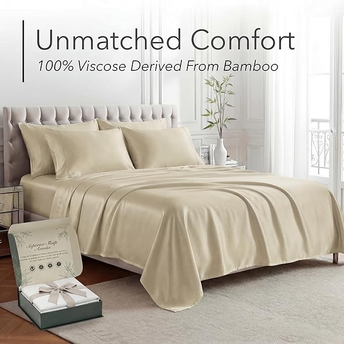 DECOLURE 100% Viscose Derived from Bamboo Sheets Full Size - Luxury 6 Pc Naturally Cooling Sheets, Ultra Soft Bed Set - Deep 17" Pockets, Durable Double Stitching, Oeko Tex Standard (Creme)