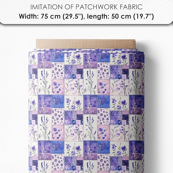 Lavender Patchwork Cotton Fabric Panel – 6 Designs (10×10 inch Each) + Bonus Sheet 29.5×19.6 inch, 100% Cotton 140 GSM, Made in Türkiye