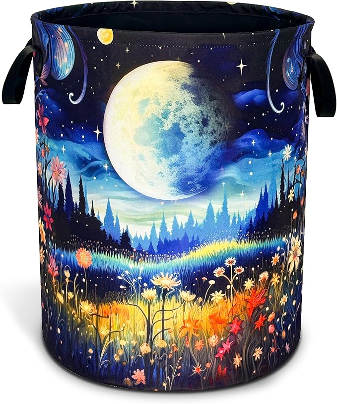 Moon Forest Flowers Laundry Basket Oxford Cloth Beautiful Night Laundry Hamper With Handle Foldable Portable Clothes Storage Basket 18.9 X 16.5 In Storage Bag For Laundry Room/Bathroom/Bedroom