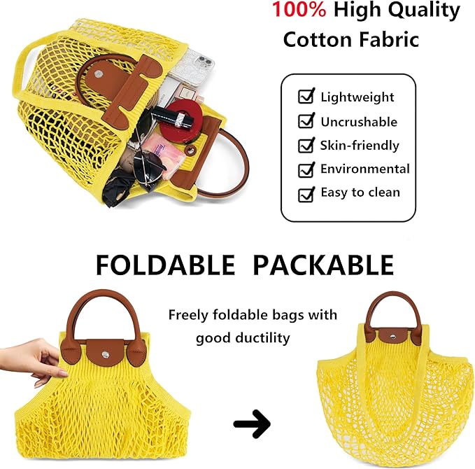 Hibala Woven Bag for Women, Fishing net bag,Straw Mesh Tote Bag, Beach,Hobo Bag, Foldable Large Capacity