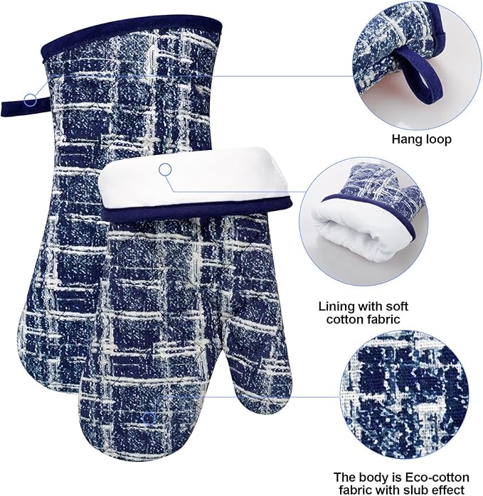 Oven Mitts and Pot Holders with Cooking Apron,Set of 5 Heat Resistant Kitchen Gloves and Silicone Non-Slip Potholders Adjustable Neck Buckle Chef Apron, Cotton Nice Design for Cooking (Navy)