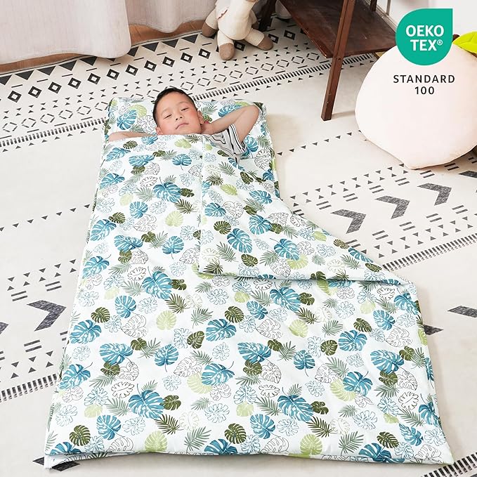 david's kids Toddler Nap Mat Set with Removable Pillow, Ultra Soft Slumber Bags for Boys Girls，Perfect for Preschool, Daycare, Kids Sleeping Bags with Rollup Design, 50"x20", Leaf