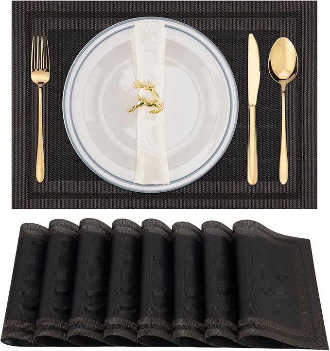 Winknowl Placemats Set of 8，Heat Resistant Woven Vinyl Washable PVC Place Mats，Non-Slip Stain Resistant Indoor/Outdoor Table Mats for Dining Table (Black Brown)