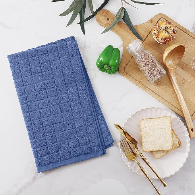 Homaxy Premium Cotton Kitchen Towels 16"x 28", Large Natural Ring Spun 390 GSM Dish Towels, Super Absorbent Terry Kitchen Hand Towels, Soft Tea Towels with Hanging Loop, Pure Navy Blue Design, 8 Pack