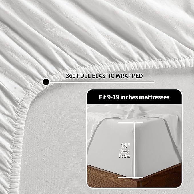 LBRO2M 100% Linen Sheet Set 19" Deep Pocket Queen Size,Bed Sheets 4 Piece Sets,Solid Color Natural Flax Bed Sheets Soft Breathable Bedding, All Season (Queen, White)