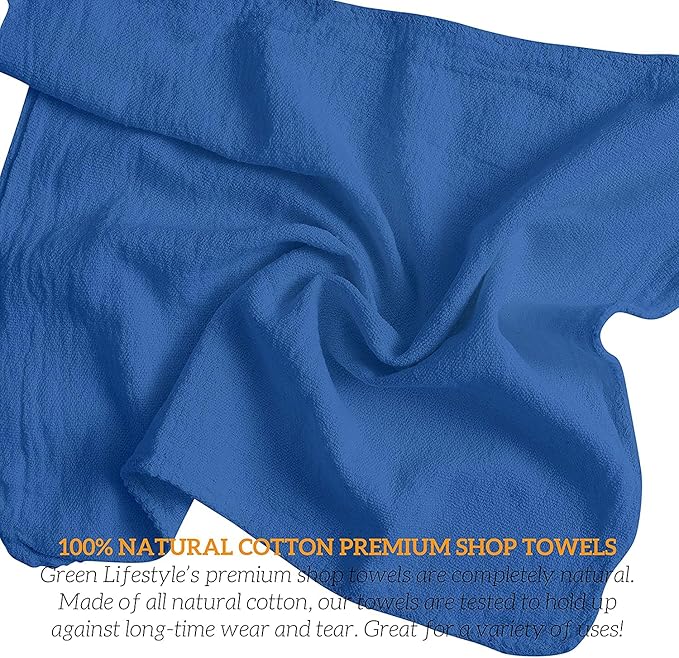 GREEN LIFESTYLE Blue Shop Towels 12x14, 50 Pack, 100% Cotton Super Absorbent & Durable Shop Rags, Reusable Shop Rags Bulk, Multipurpose Cleaning Towels for Automobiles, Industries, Garage and Home